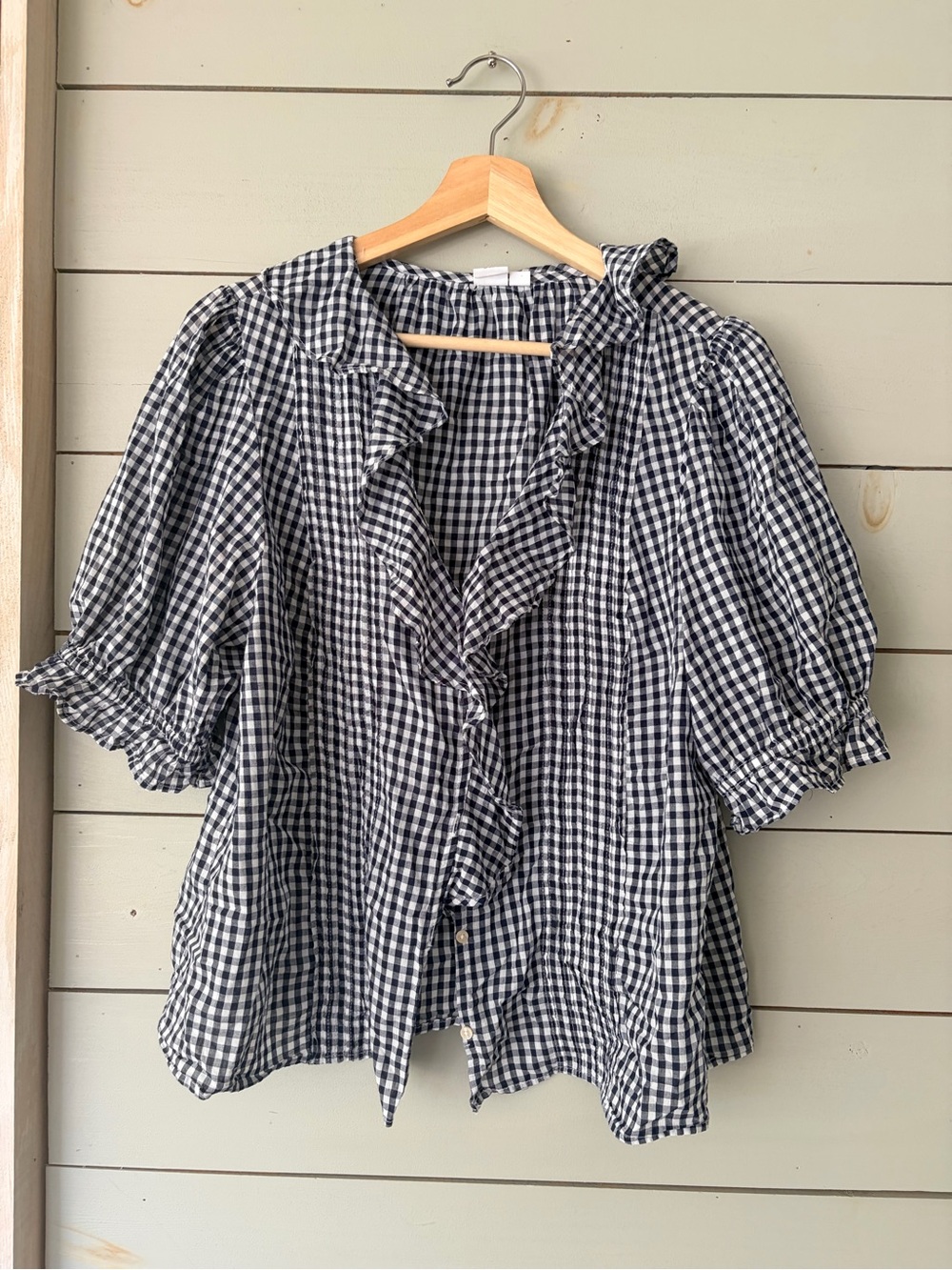 GAP Navy White Gingham Ruffle Puff Sleeve Blouse Size Large